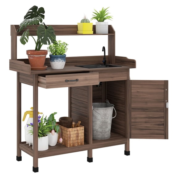 Potting Bench with Sink, Outdoor Work Table with Storage, Garden Workstation for Greenhouse Patio - Dark Brown