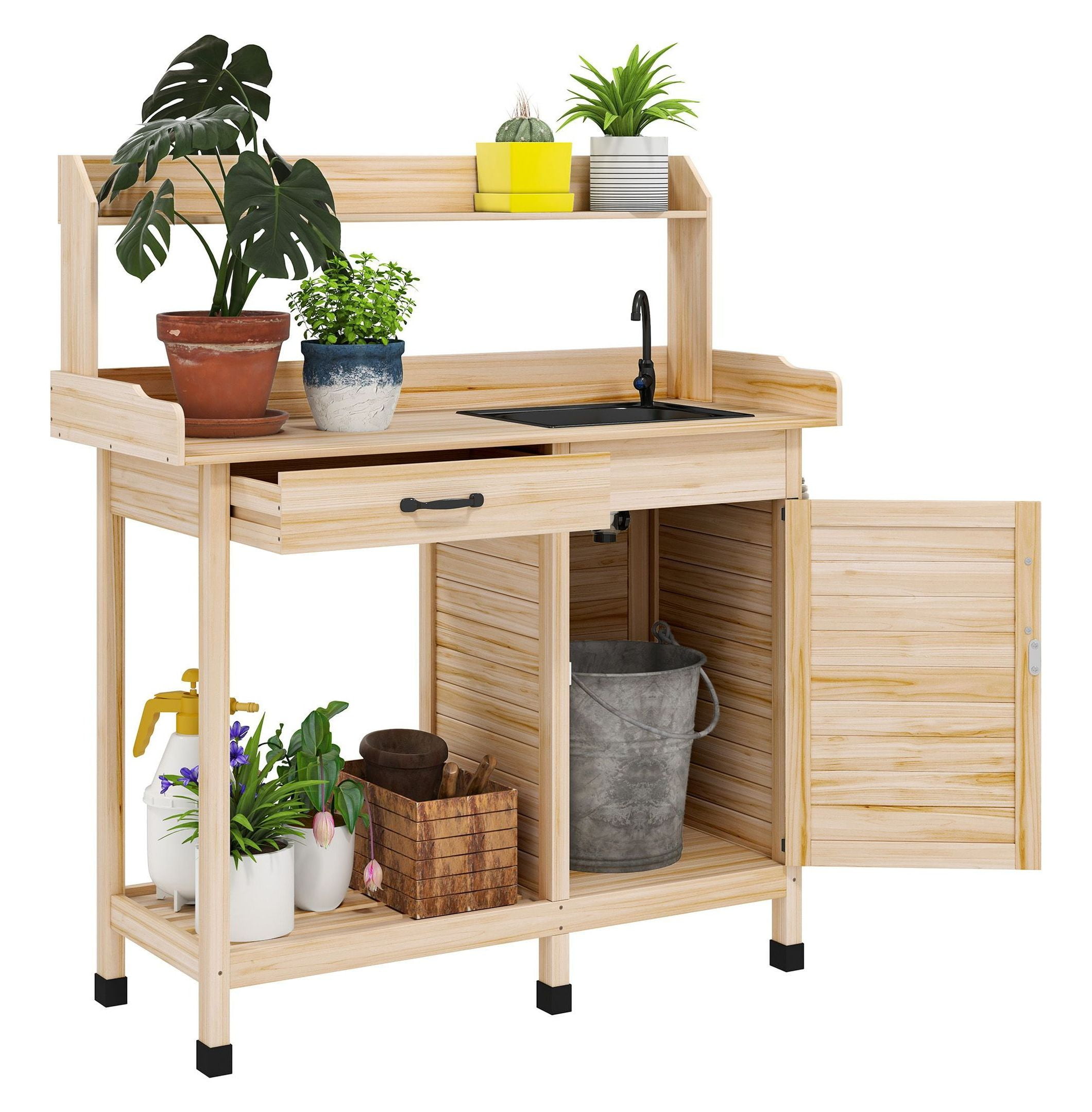 Potting Bench with Sink & Storage, Outdoor Garden Work Table, Natural ...