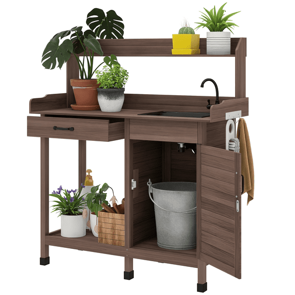 Potting Bench with Sink, Outdoor Work Table with Storage, Garden Workstation with Cabinet & Hooks, Dark Brown - Greenhouse, Patio Use