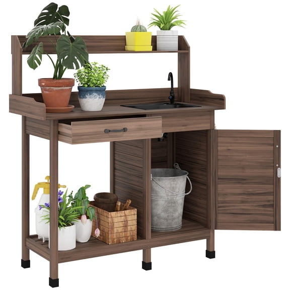 Potting Bench with Sink Storage Cabinet Hooks Outdoor Work Table for Garden Patio Greenhouse Dark Brown