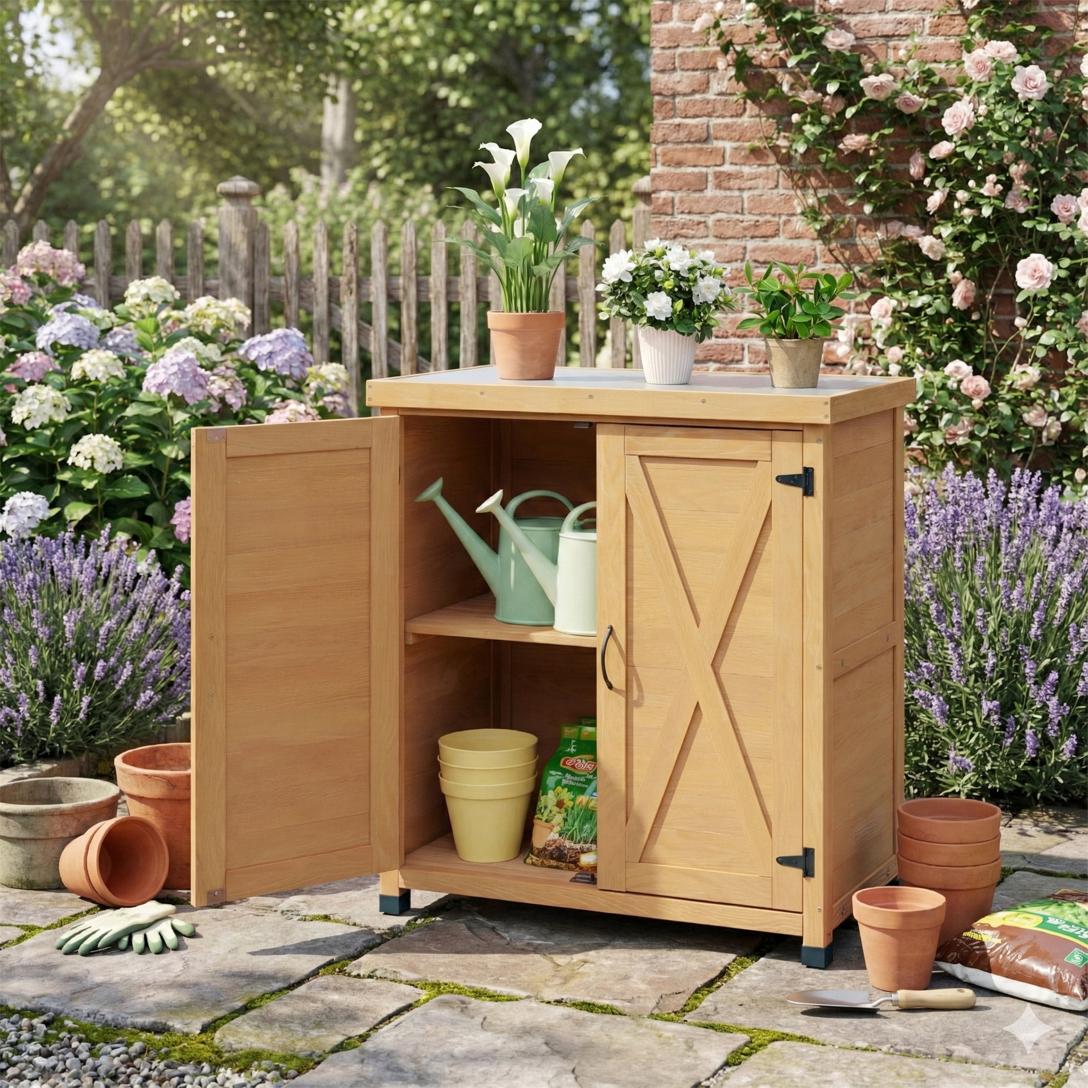 Potting Bench with Storage Cabinet, Metal Table Top for Outdoor Patio Outdoor Work Station, Gray