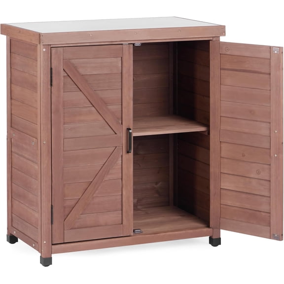 Potting Bench with Storage Cabinet and Metal Table Top for Outdoor Patio, Garden Furniture Wood Workstation (Farmhouse Brown, 31x17x36)