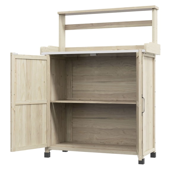 Potting Bench with Storage, Outdoor Workstation - Galvanized Tabletop, Shelves & Tool Hooks, Natural Finish, Farmhouse Style