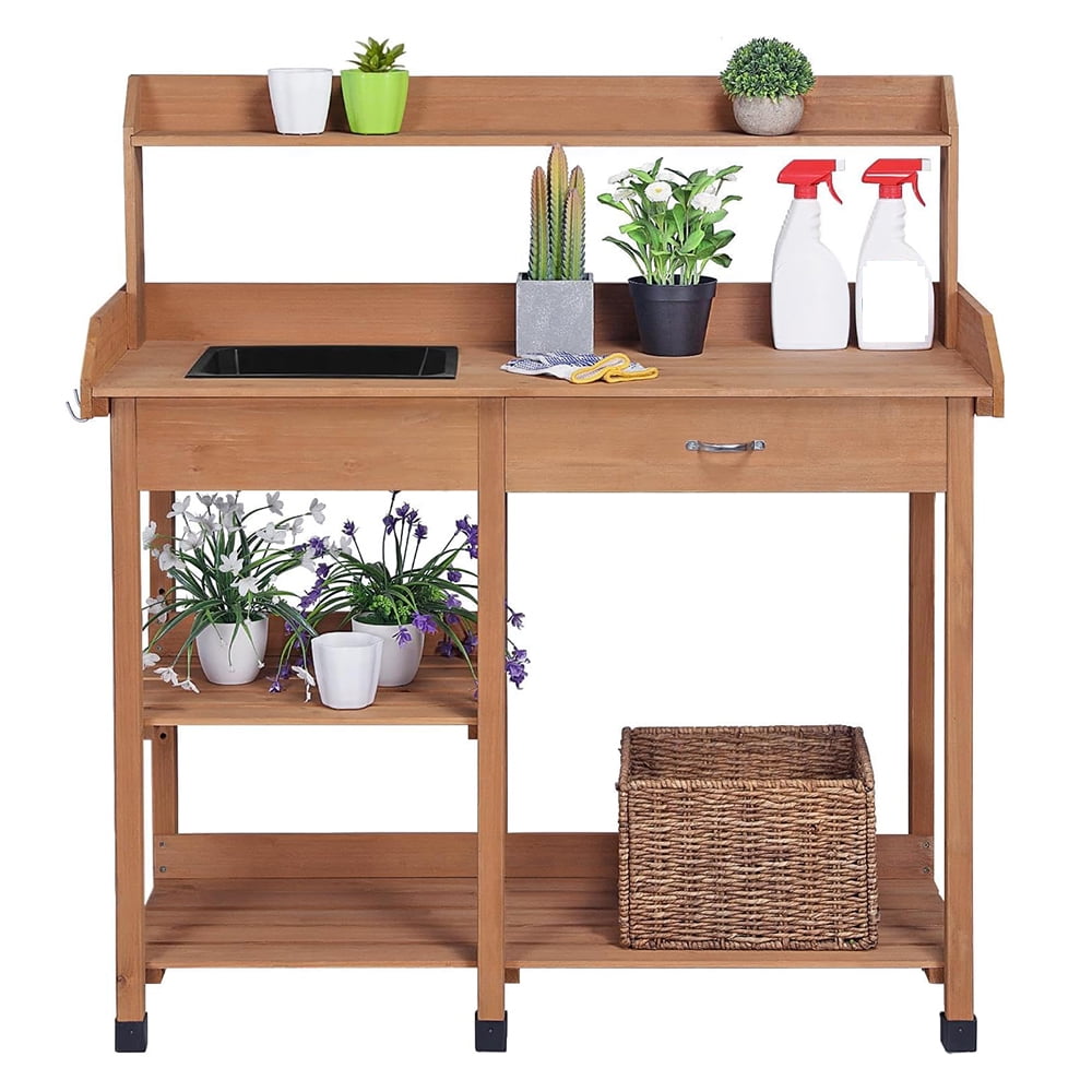 Potting Benches, Outdoor Garden Potting Table with Drawer and Back ...