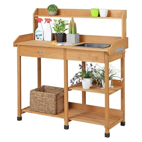 Potting Outdoor Garden Work Station Planting Solid Wood Construction for Horticulture w/Sink Drawer Rack Shelves Natural Wood