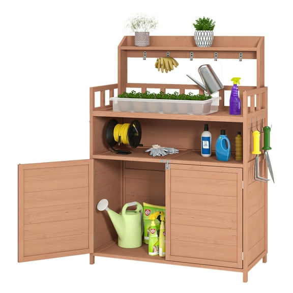 Potting Outdoor Gardening Table for Outside Wood Garden Planting Workstation Work Benches with Large Storage Cabinet & Top Shelf for Patio Brown + Weather Resistant Frame + Garden & Outdoor + Classic