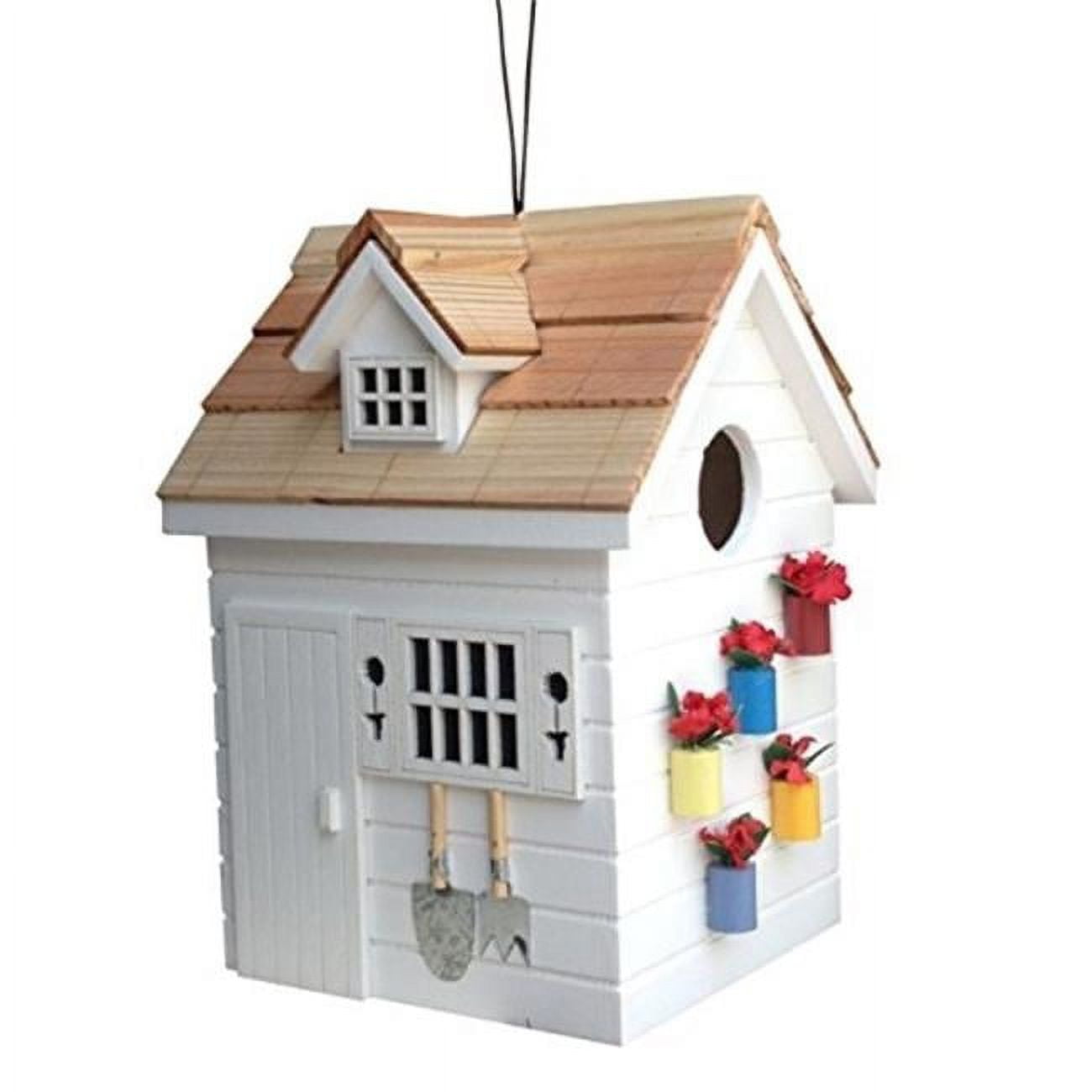White Wooden Potting Shed Birdhouse with Colorful Accents