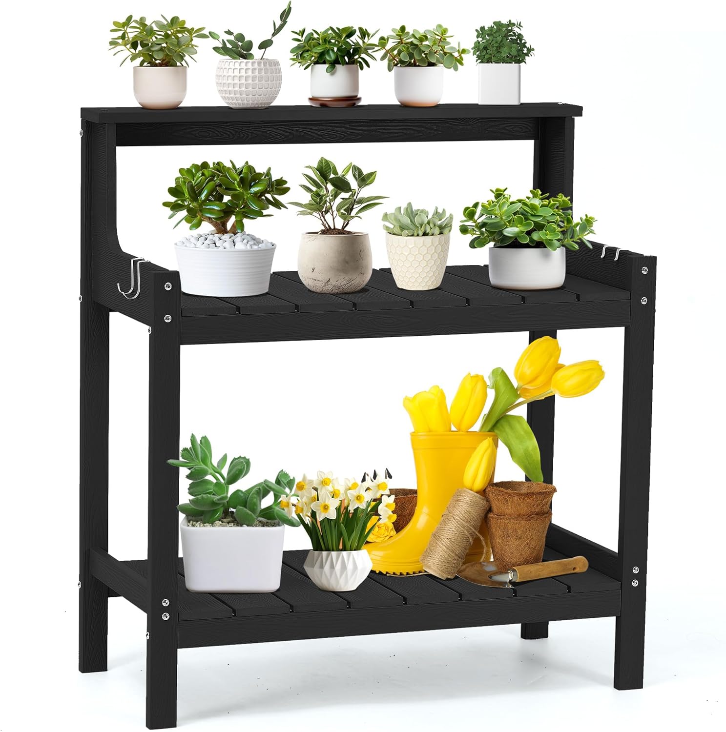 Potting Table, HDPS Potting with 4 Side Hooks, All-Weather Garden Table ...