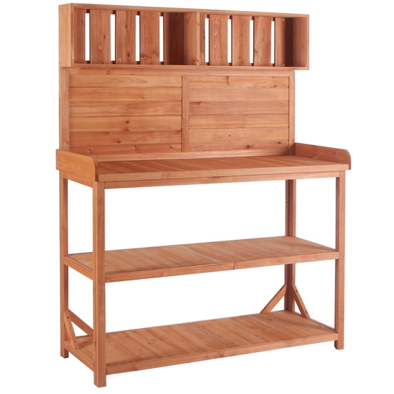 Potting Table, Patio Workstation Wooden Potting Bench Farmhouse Garden Potting Bench with 4 Storage Shelves & Side Hook, Outdoor Work Bench for Backyard Courtyards, 46.9''Lx19.3''Wx65''H, Natural