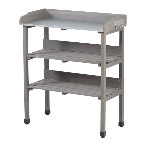 Potting Table w/Metal Tabletop, 3 Layers Outdoor Work Bench w/Hook for Garden, Solid Wood Workstation for Garage 30x14.535.5