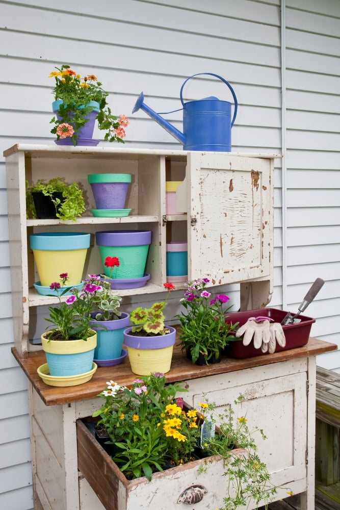 Potting bench with containers and flowers Marion County Illinois USA Canvas Art - Panoramic Images (18 x 24)