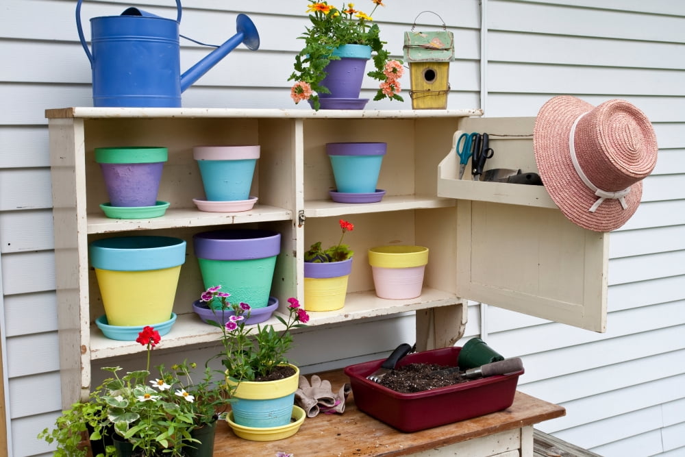 Potting bench with containers and flowers Marion County Illinois USA Canvas Art - Panoramic Images (24 x 36)