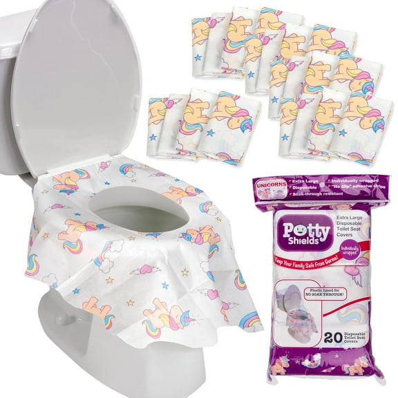 Potty Shields Toilet Seat Covers Disposable (20 pk, Unicorns) - XL Weatherproof Toilet Cover for Toddlers, Kids & Adults - Portable & Individually Wrapped for Travel, Potty Training, Public Restrooms