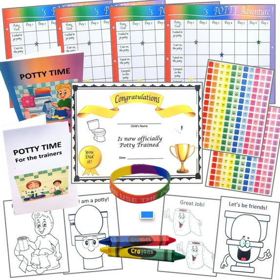 Potty Training System-Kit/Guide—320 Pieces- Parent Guide, Trainee Book, Rainbow Charts (4Wks), Color Sheets, Crayons (4 Colors) 308 Stickers, Certificate, Bracelet, Wall Putty- Ages 18 Mos- 4 Yrs
