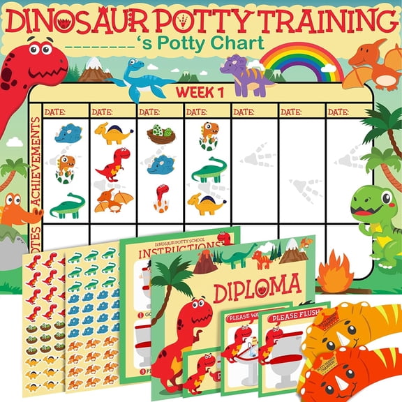 Potty Training Chart for Toddlers, Dinosaur Design Reward Chart - 194 Cool Stickers, 2 Fun Crowns, Motivational Certificate, Bonus Instruction Cards, Booklet & Erasable Pen for Boys and Girls