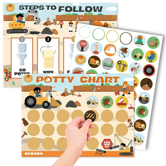 Potty Training Chart for Boys, Construction Theme, 8.3 x 11.2 inches, 10 Pack Chart with 5 Pack Reward Stickers