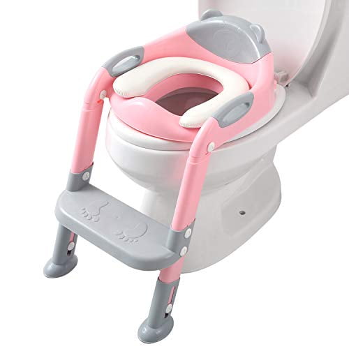 Potty Training Seat Ladder Girls, Toddlers Potty Chair, Kids Toilet Seat (Gray/Pink)