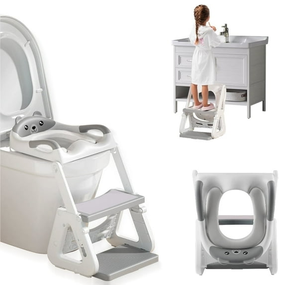 SZZJKJ Potty Training Toilet Seat, 3-in-1 Toddler Potty Training Seat with Non-Slip Footstool (Gray and White)