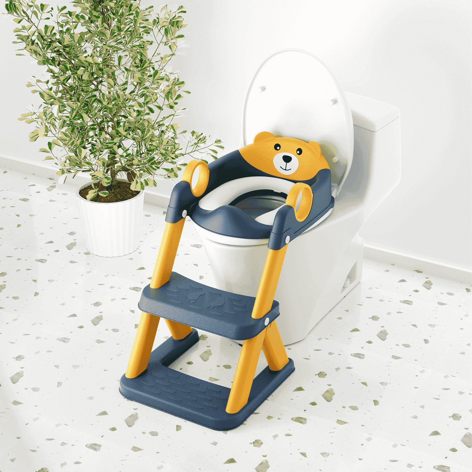 COOSEYA Bear potty training seat, upgrade toddler toilet seat with triangle base structure for kids boys girls, 2 in 1 bathroom potty training, waterproof cushioned mat with anti-slip pad