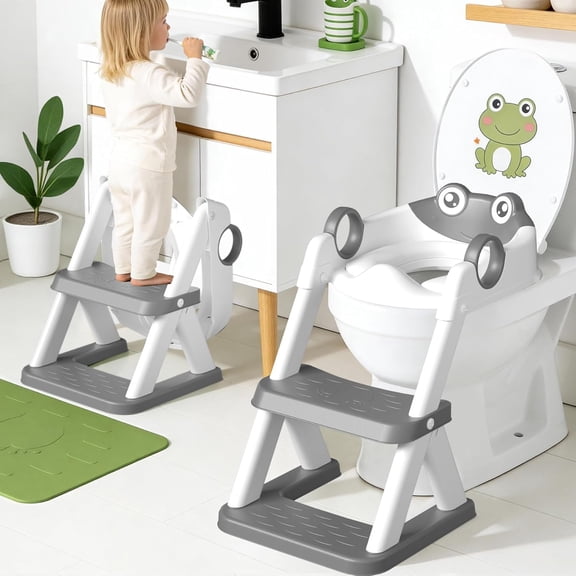 Potty Training Seat Upgrade Toddler Toilet Seat for Kids Boys Girls 2 in 1 Potty Training Toilet with Splash Guard Anti Slip Pad Step Stool Grey Frog Design