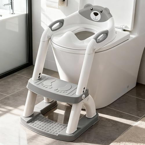 Potty Training Seat, Upgrade Toddler Toilet Seat for Kids Boys Girls, 2 in 1 Potty Training Toilet, Splash Guard Anti-Slip Pad Step Stool,New Sector-Shape Stabilized Base (8899+Grey)