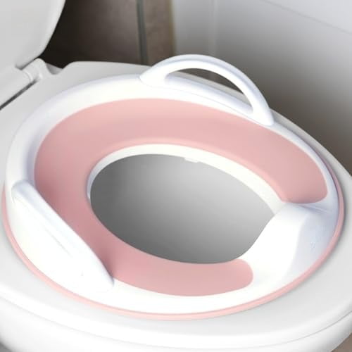 Potty Training Seat for Boys and Girls With Handles, Fits Round & Oval Toilets, Non-Slip with Splash Guard, Includes Free Storage Hook (Pink)
