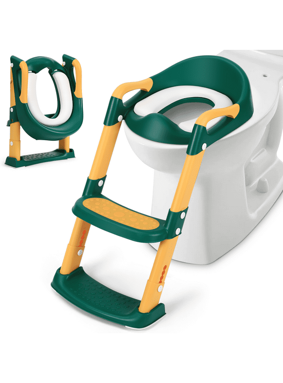 Potty Training Seat with Step Stool Ladder, Foldable Training Seat with Handles, Height Adjustable for Toddlers, for Girls & Boys, Green