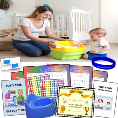 Potty Training System-Kit/Guide- 4 Weeks of Training, Parent Guide, Potty Book, 4 Charts, Blue Potty Seat, 308 Stickers, Certificate, Bracelet, Wall Putty- , 18 Months- 4 Years, Bundle Board Boutique