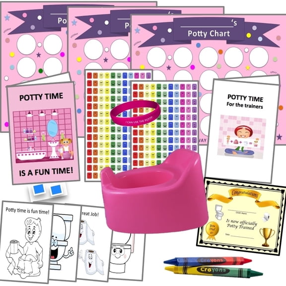 Ultimate Pink Potty Training (6wks) 322 Pieces, System-Kit/Guide- 3 Charts, 308 Stickers, Certificate, Bracelet, 4 Color Sheets, 2 Crayons (4 Color) Wall Putty- 18 mos- 4 yrs, Bundle Board Boutique