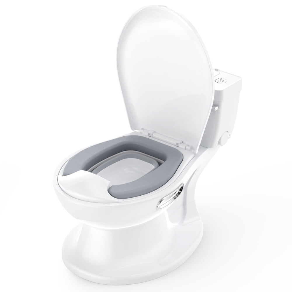 White and Gray Plastic Potty Training Toilet with Soft Seat and Flushing Sound