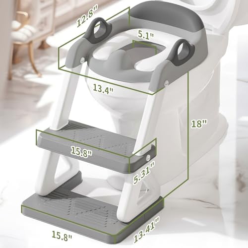 Potty Training Toilet Seat with Step Stool Ladder for Boys and Girls, 2 in 1 Potty Training Toilet, Splash Guard Anti-Slip Pad Step Stool(Gray-White) Pedal Upgrade