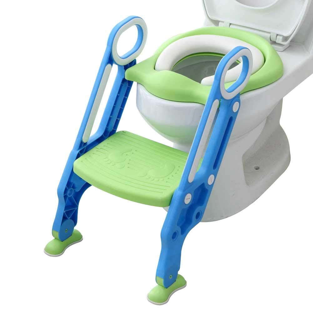 Potty Training Toilet Seat with Step Stool Ladder for Boys and Girls Baby Toddler Kid Children Toilet Training Seat Chair with Handles Padded Seat Non-Slip Wide Step(Blue Green)