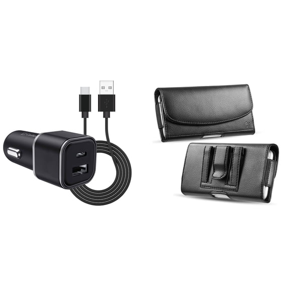Pouch and Car Charger Bundle for Alcatel TCL 30 XL: Professional PU Leather Belt Holster Case (Black) and Compact High Power 30W Dual USB Port (Type-C & USB-A) Auto Power Adapter