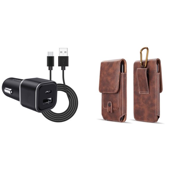 Pouch and Car Charger Bundle for Nokia G400 5G: Vertical Magnetic Belt Holster Case (Brown) and Compact High Power 30W Dual USB Port (Type-C & USB-A) Auto Power Adapter