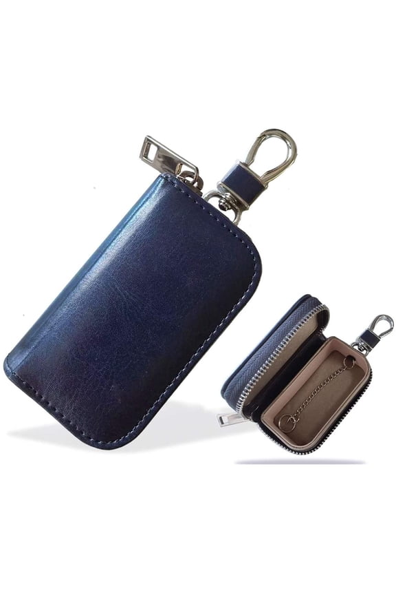 Pouch for Car Keys, Car Key Signal Blocker Case,  Bag Box, Leather Anti Theft RFID Blocking Box, Keyless Remote Control Smart Fob Cage with Hook and Keyring (Blue)