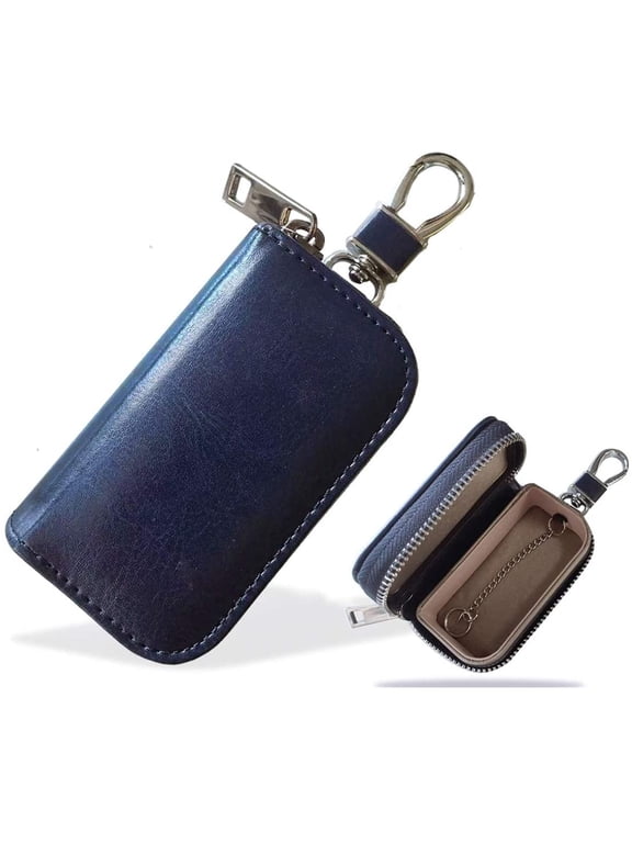 Pouch for Car Keys, Car Key Signal Blocker Case, Bag Box, Leather Anti Theft RFID Blocking Box, Keyless Remote Control Smart Fob Cage with Hook and Keyring (Blue)
