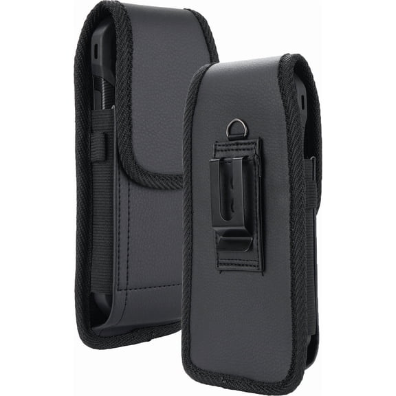 Pouch Case for Sonim XP10 XP9900, Kyocera DuraForce Ultra 5G UW, Nakedcellphone Vegan Leather Vertical Holster Holder Strong Fixed Metal Clip. Magnetic Closure, Secure Belt Harness Sleeve - Black