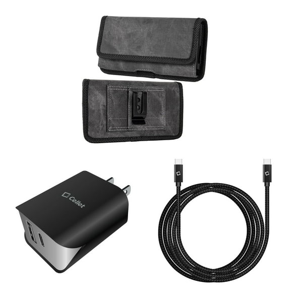 Pouch and Wall Charger Bundle for BLU View 2: Rugged Denim Nylon Belt Holster Case (Grey/Black) and UL Certified 18W Dual USB Port (Type-C & USB-A) Power Adapter