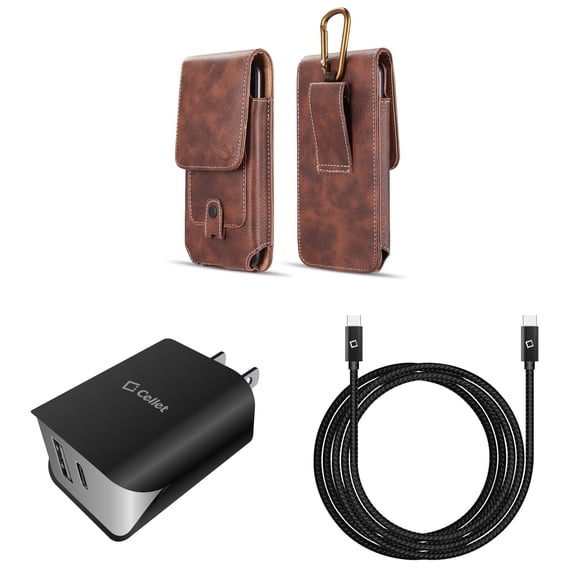 Pouch and Wall Charger Bundle for Nothing Phone 1: Vertical Magnetic Belt Holster Case (Brown) and UL Certified 18W Dual USB Port (Type-C & USB-A) Power Adapter