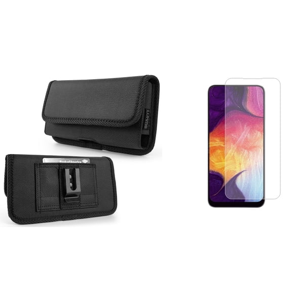 Pouch and Screen Protector Bundle for AT&T Maestro 3: Horizontal Rugged Nylon Belt Holster Case (Black) and (2-Pack) Tempered Glass Shield