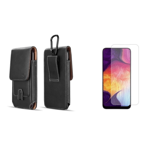 Pouch and Screen Protector Bundle for AT&T Maestro 3: Vertical Magnetic Belt Holster Case (Black) and (2-Pack) Tempered Glass Shield