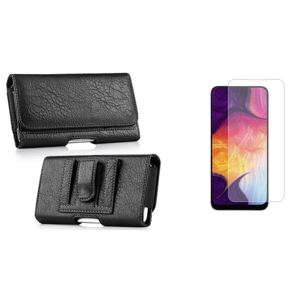 Pouch and Screen Protector Bundle for iPhone 14: Coin Card Wallet Belt Holster Case (Black) and (2-Pack) Tempered Glass Shield