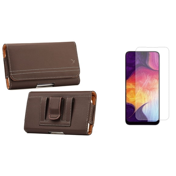 Pouch and Screen Protector Bundle for iPhone 14: PU Leather Magnetic Belt Holster Case (Brown) and (2-Pack) Tempered Glass Shield