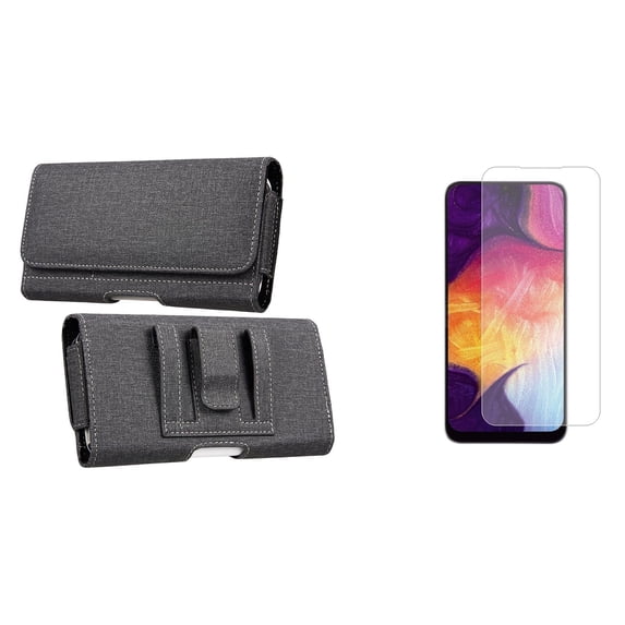 Pouch and Screen Protector Bundle for iPhone 14 Plus: Horizontal Nylon Fabric Belt Holster Case (Grey) and (2-Pack) Tempered Glass Shield