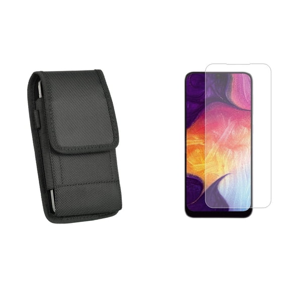 Pouch and Screen Protector Bundle for iPhone 14 Plus: Vertical Nylon Belt Holster Case (Black) and (2-Pack) Tempered Glass Shield