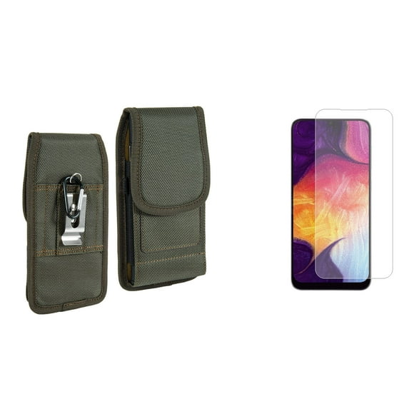 Pouch and Screen Protector Bundle for iPhone 14 Plus: Vertical Rugged Nylon Belt Holster Case (Midnight Green) and (2-Pack) Tempered Glass Shield