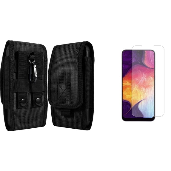 Pouch and Screen Protector Bundle for iPhone 14 Pro Max: Vertical Rugged Nylon Belt Holster Case (Black) and (2-Pack) Tempered Glass Shield