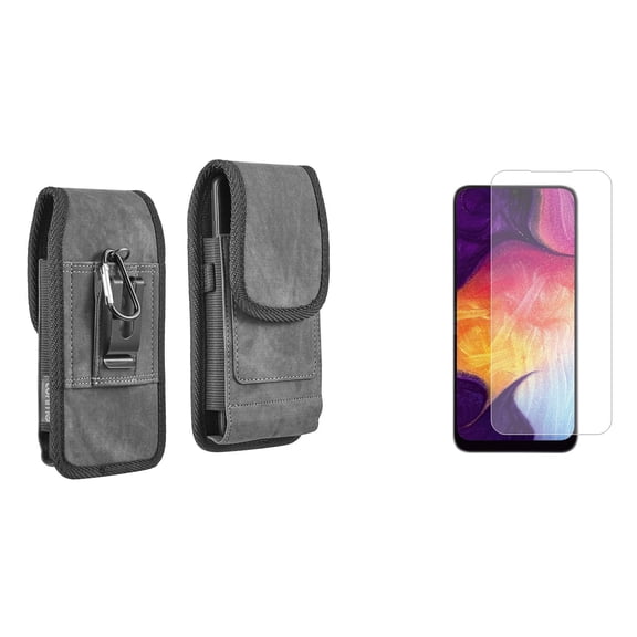 Pouch and Screen Protector Bundle for iPhone 14: Vertical Rugged Denim Nylon Belt Holster Case (Black) and (2-Pack) Tempered Glass Shield