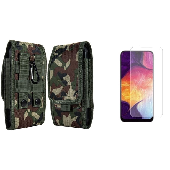 Pouch and Screen Protector Bundle for iPhone 14: Vertical Rugged Nylon Belt Holster Case (Green Camo) and (2-Pack) Tempered Glass Shield