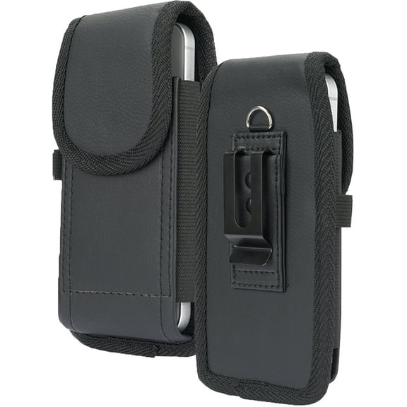 Pouch for iPhone 15 Case, Nakedcellphone Black Vegan Leather Vertical Holster Holder Strong Metal Clip and Secure Belt Thread Loop Harness for iPhone 14, 13 Pro, 12, 12 Pro, 11, 11 Pro, XR